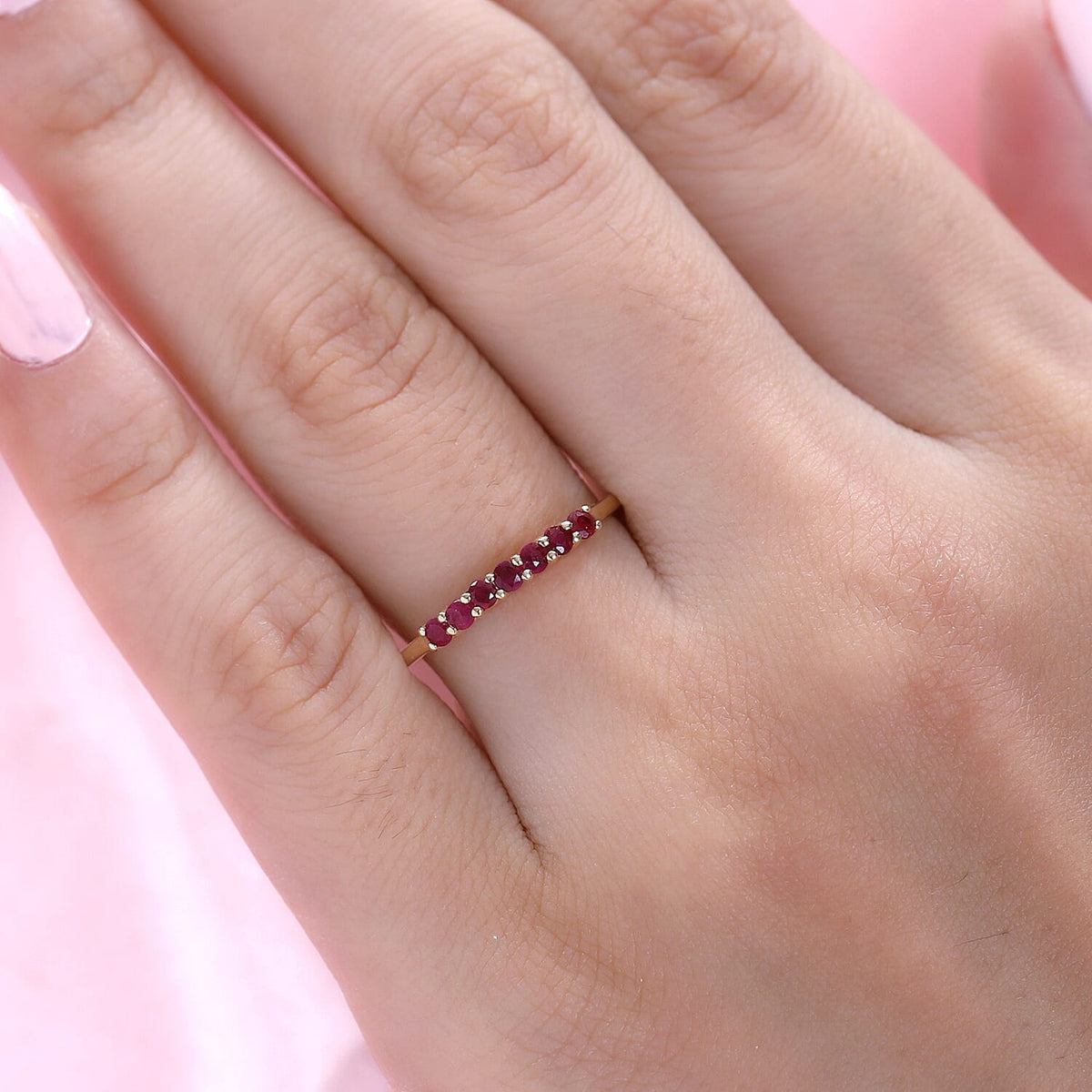 9K Yellow Gold 0.37 Ct AA Ruby  7 Stone Sleek Wedding Band Ring 7197065 3