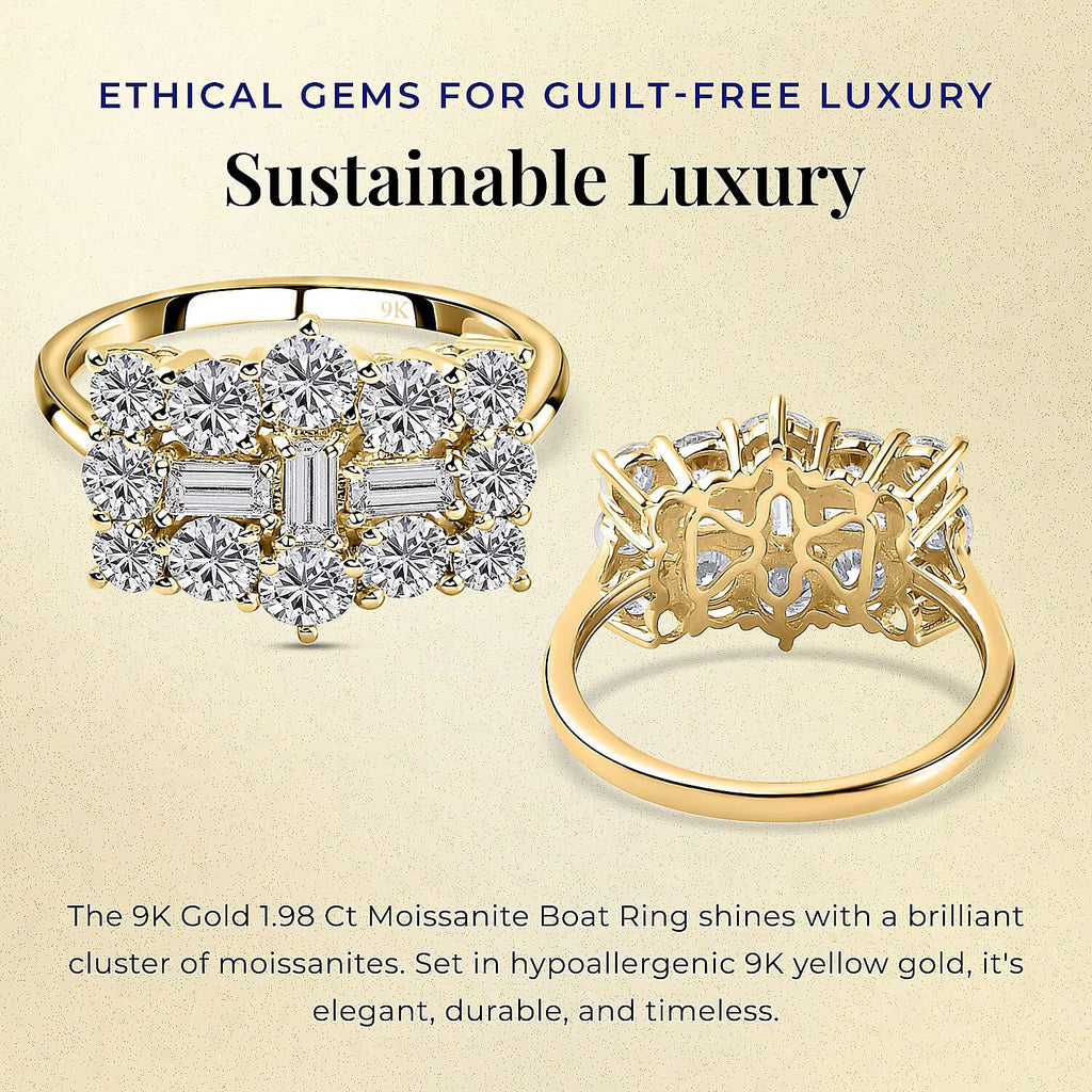 9K Yellow Gold Moissanite Boat Ring 1.97 Ct.