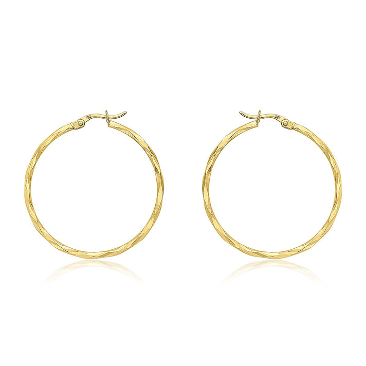 9K Yellow Gold 1.5mm Tube 33mm Diamond Cut Faceted Hoop Creole Earrings 7154459 1