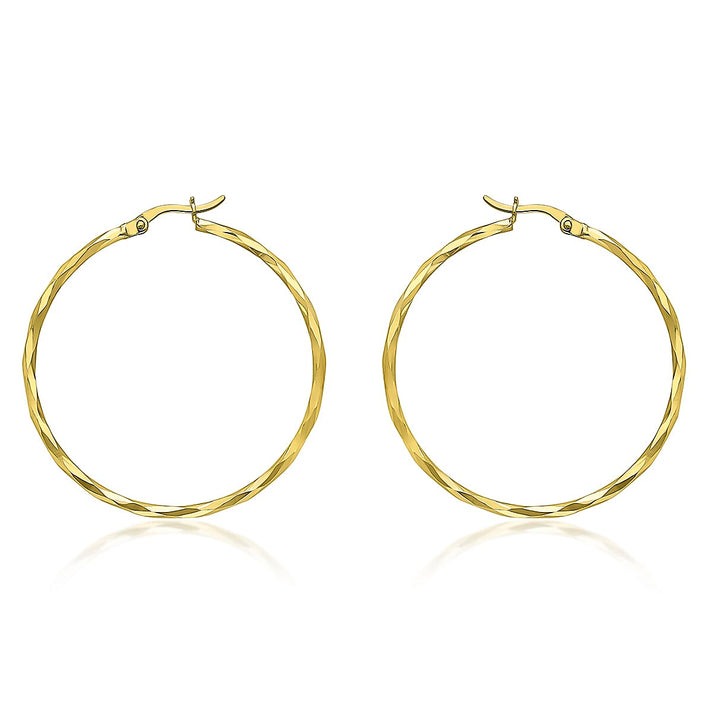 9K Yellow Gold 1.5mm Tube 38mm Diamond Cut Faceted Hoop Creole Earrings 7154466 1