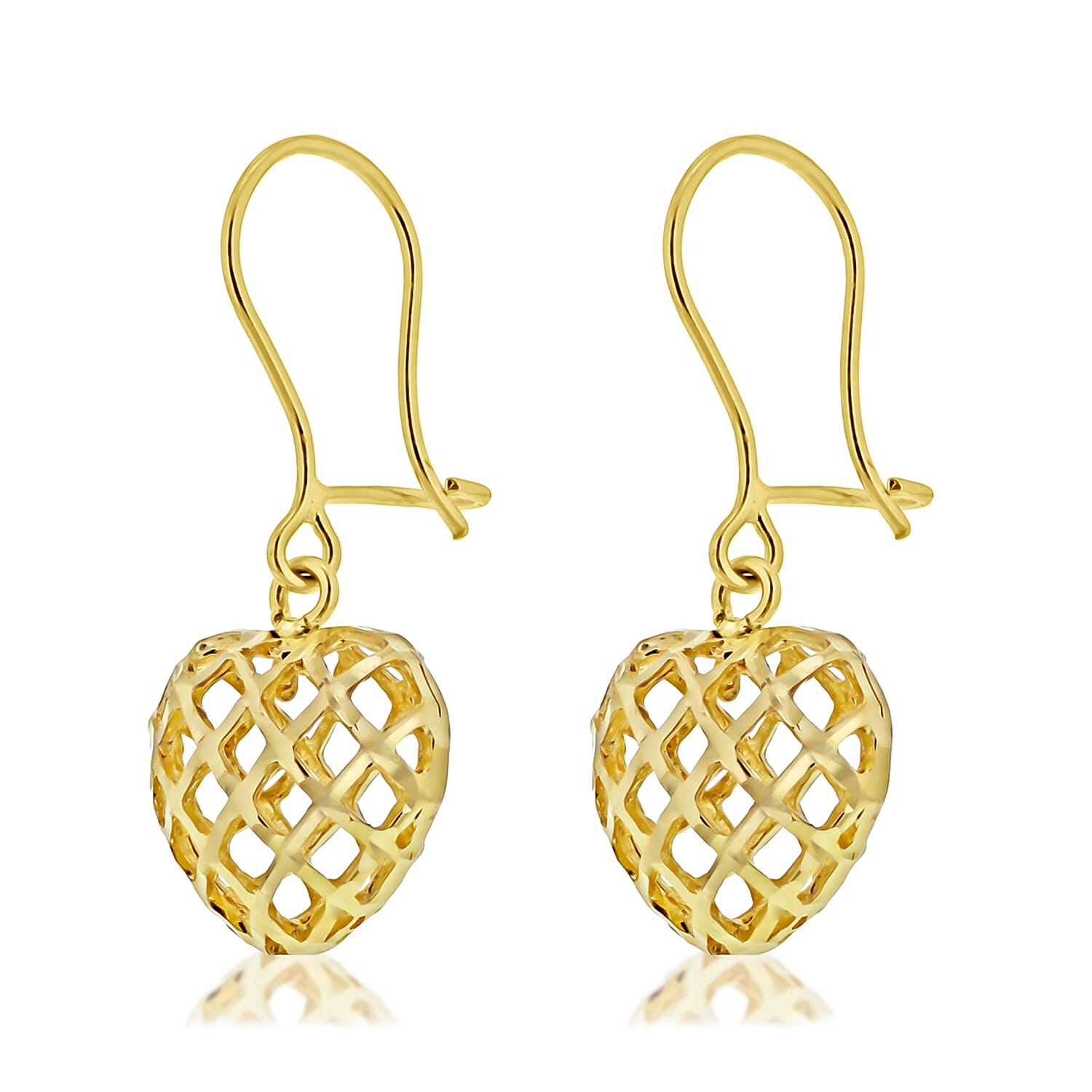 9K Yellow Gold 10.5mm x 25.5mm Diamond Cut Hollow Heart Drop Earrings 8894739 1