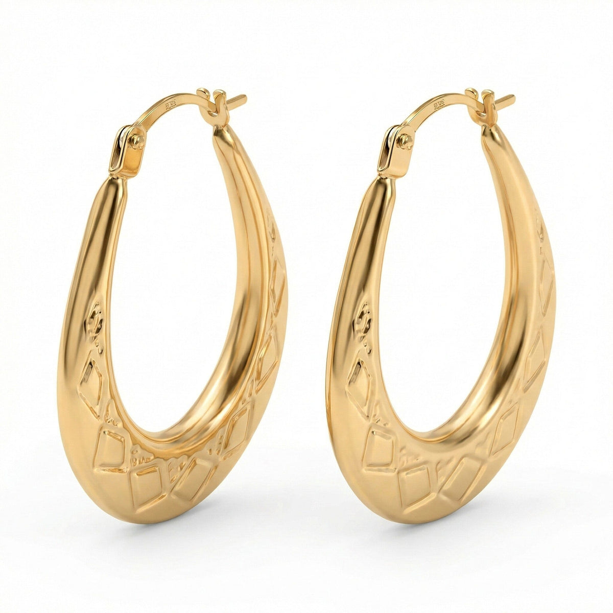 9K Yellow Gold 12MM Creole Hoop Earrings with Tribal Pattern 7637497 0