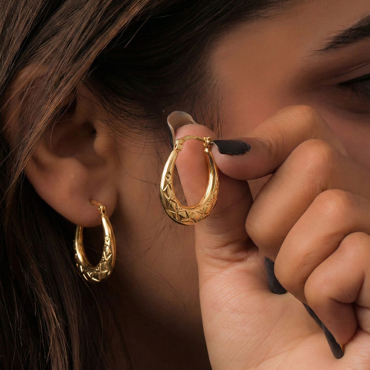9K Yellow Gold 12MM Creole Hoop Earrings with Tribal Pattern 7637497 1