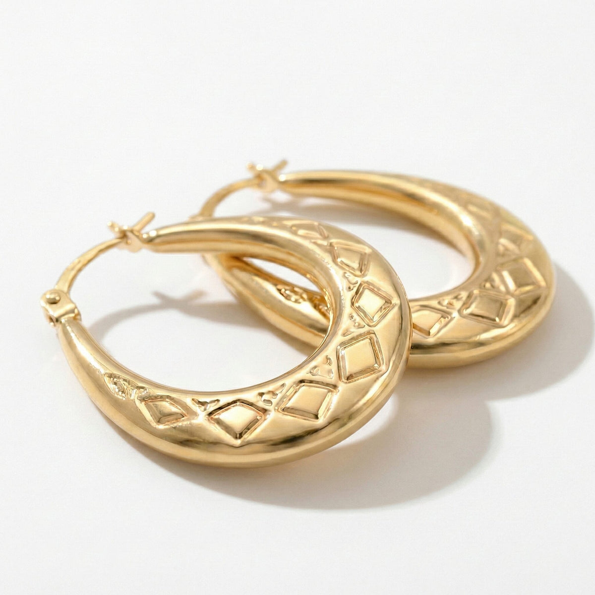 9K Yellow Gold 12MM Creole Hoop Earrings with Tribal Pattern 7637497 3