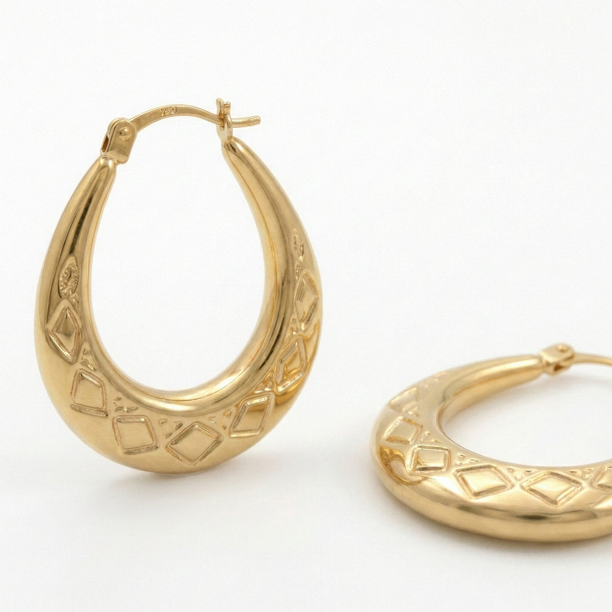 9K Yellow Gold 12MM Creole Hoop Earrings with Tribal Pattern 7637497 4