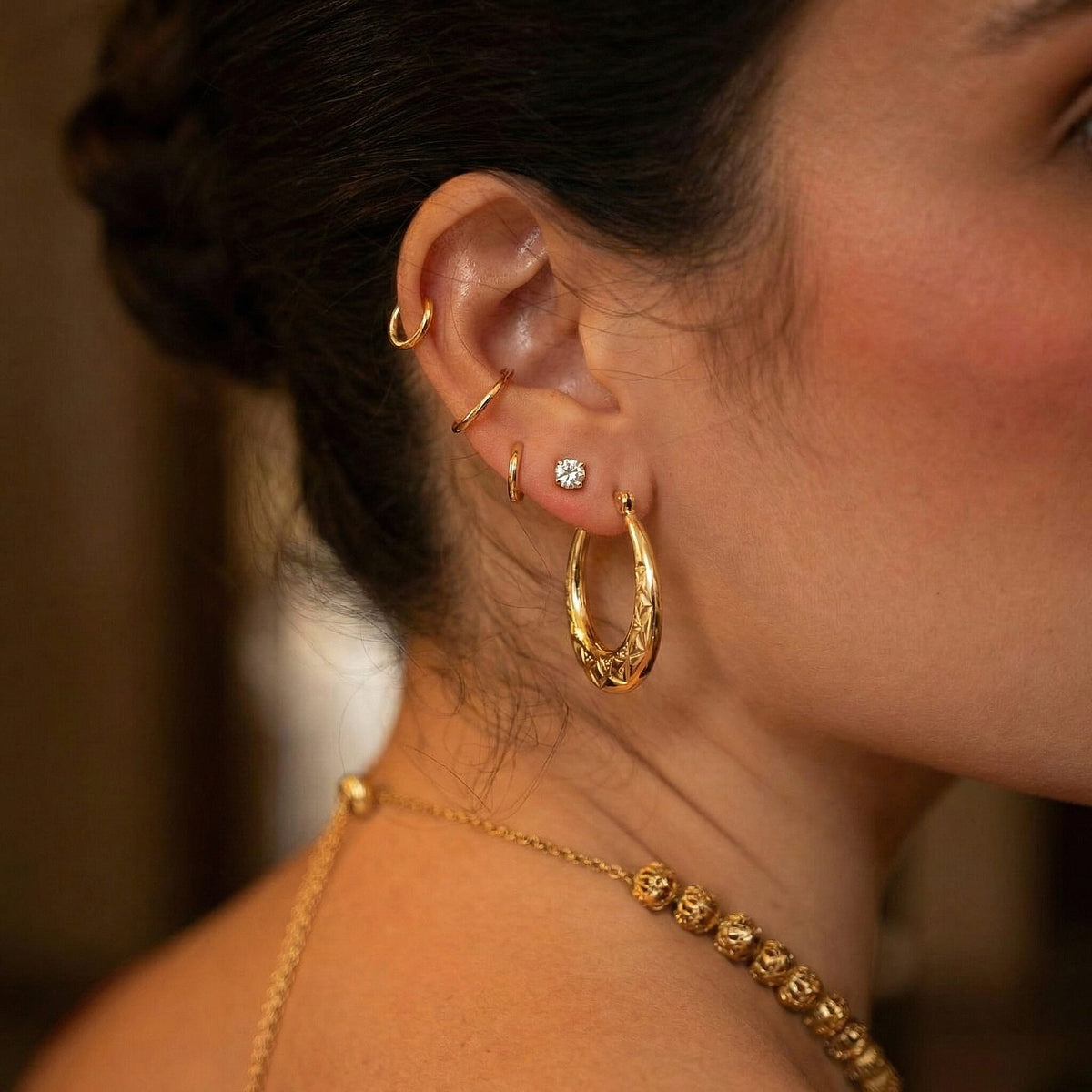 9K Yellow Gold 12MM Creole Hoop Earrings with Tribal Pattern 7637497 5