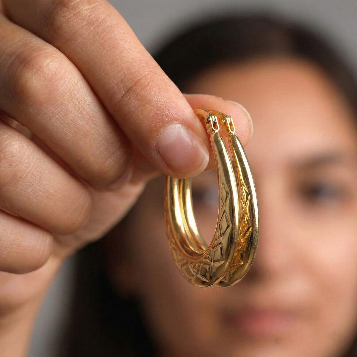 9K Yellow Gold 12MM Creole Hoop Earrings with Tribal Pattern 7637497 6