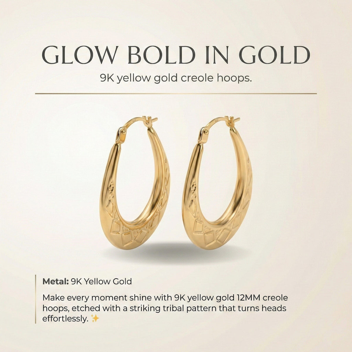 9K Yellow Gold 12MM Creole Hoop Earrings with Tribal Pattern 7637497 7