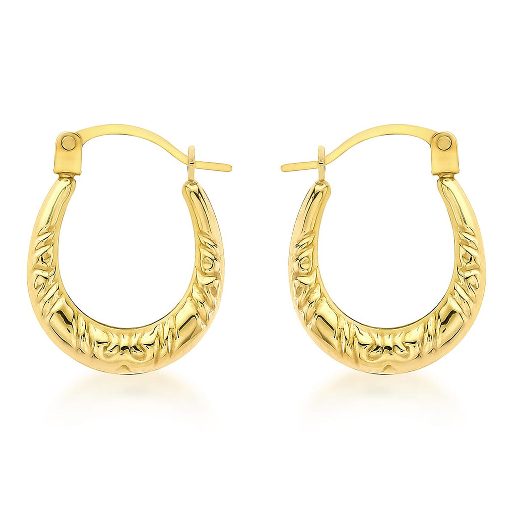 9K Yellow Gold 12mm X 15mm Patterned Creole Earrings