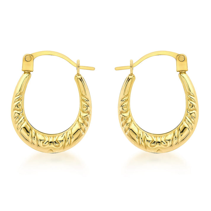 9K Yellow Gold 12mm X 15mm Patterned Creole Earrings 7190127 1