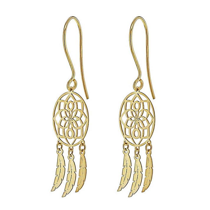 9K Yellow Gold 12mm x 40mm Flower Dream Catcher Earrings 8894724 2