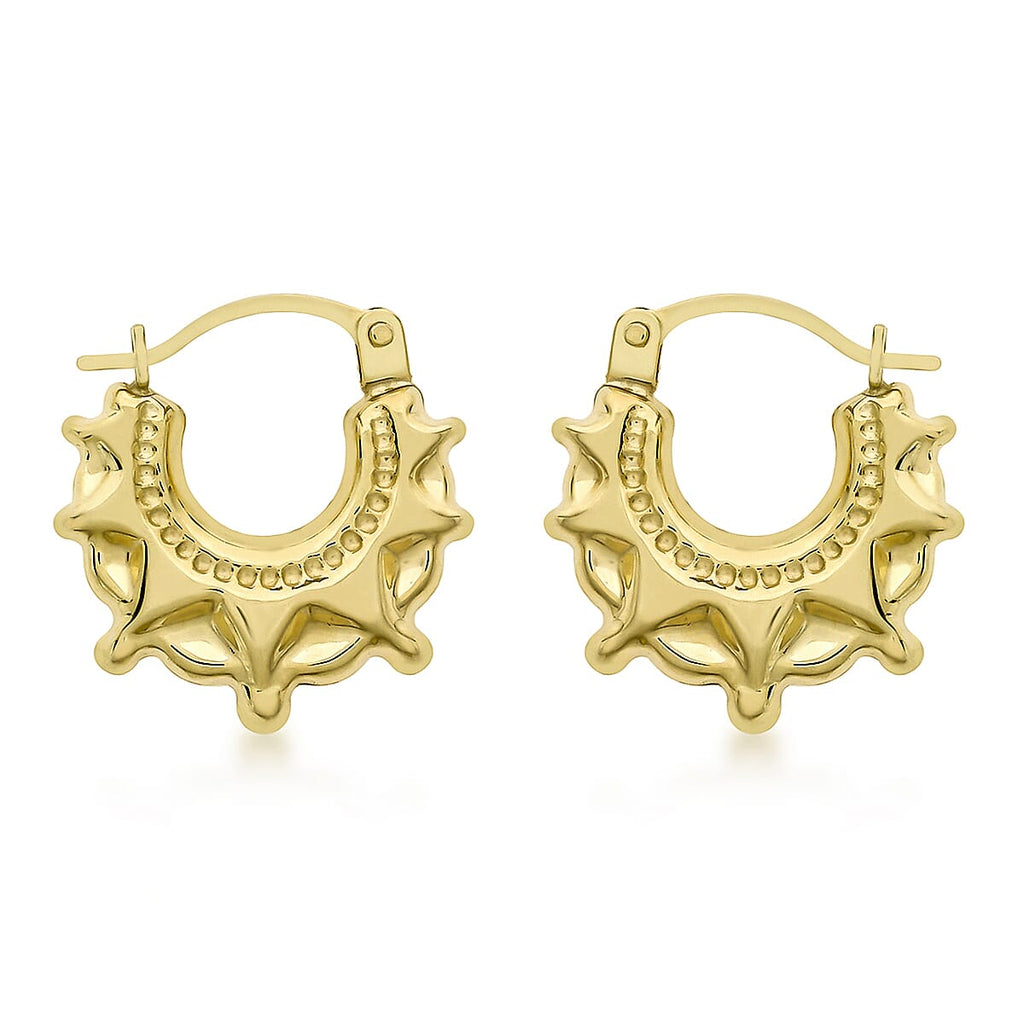 9K Yellow Gold 14mm X 17mm 'Star' Patterned Creole Earrings