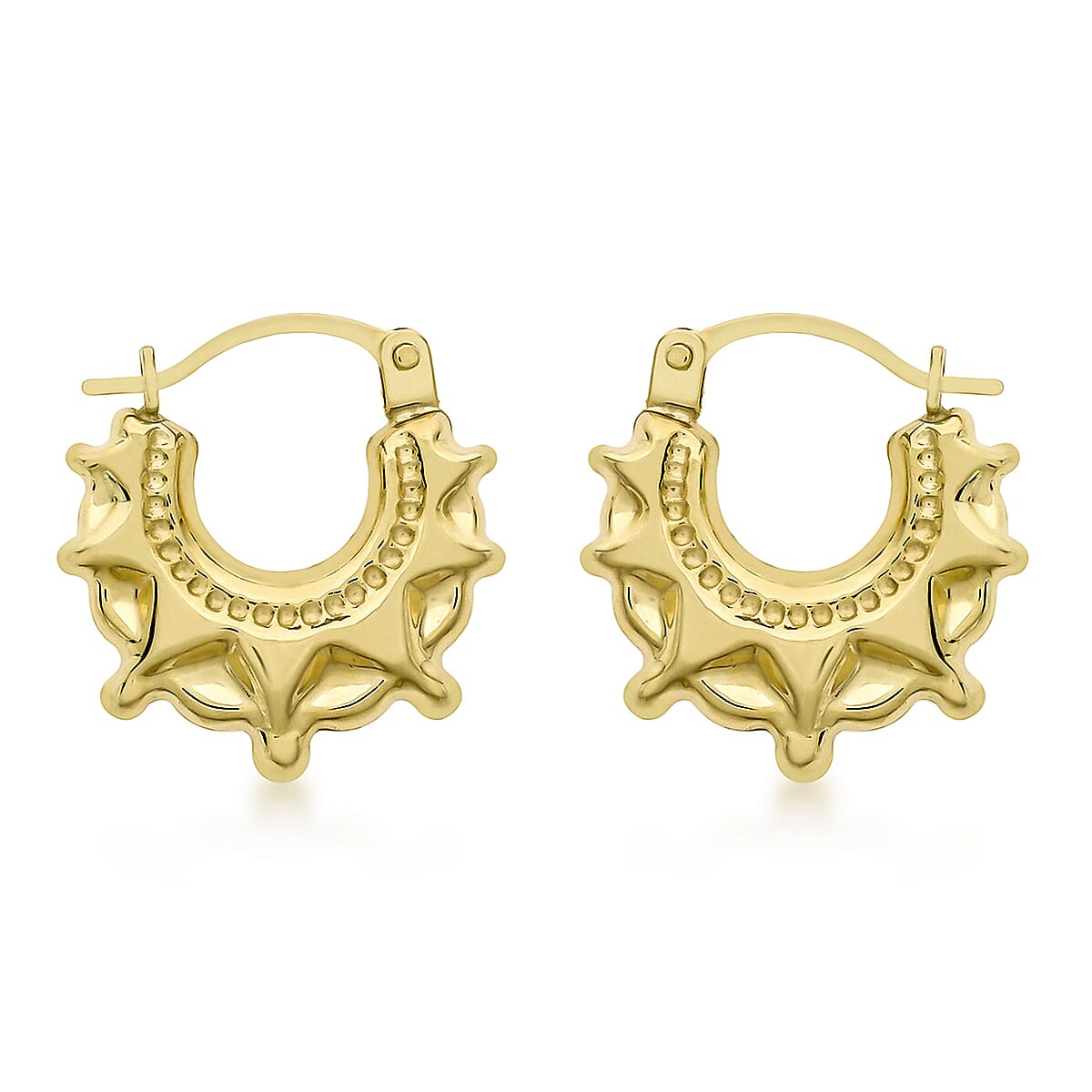 9K Yellow Gold 14mm X 17mm Star Patterned Creole Earrings 7190133 0