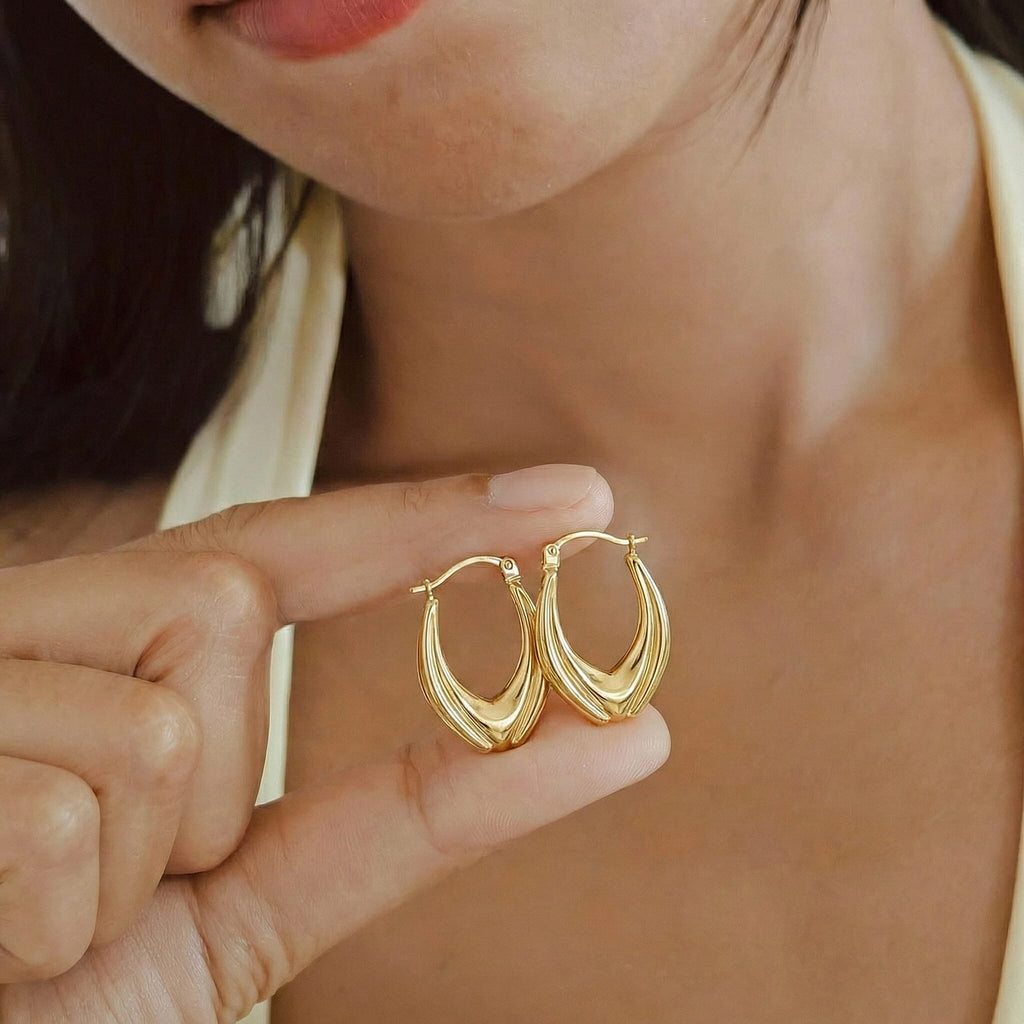9K Yellow Gold 14mm X 20mm Patterned Creole Earrings