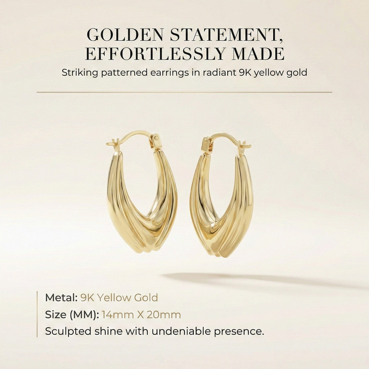 9K Yellow Gold 14mm X 20mm Patterned Creole Earrings 7190140 7