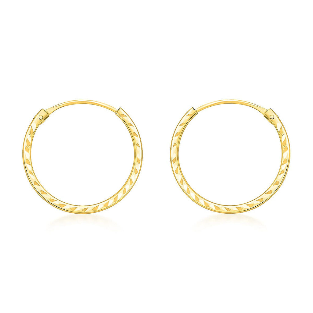 9K Yellow Gold 15MM Diamond Cut Sleeper Hoop Earrings 0.28 grams