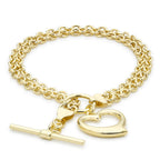 9K Yellow Gold 16.5mm X 18mm Heart 2 Strand Belcher Chain T Bar Bracelet 7.5 Inch