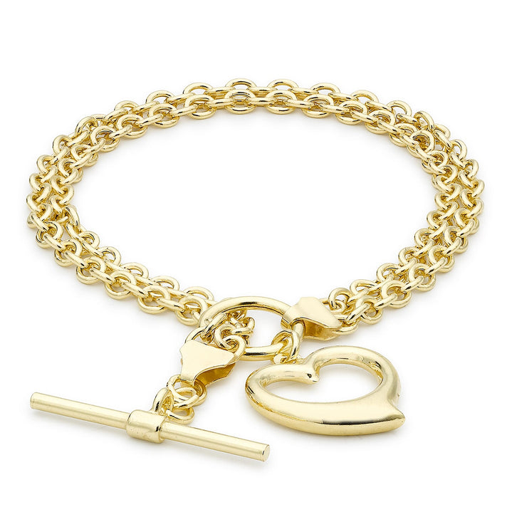 9K Yellow Gold 16.5mm X 18mm Heart 2 Strand Belcher Chain T Bar Bracelet 7.5 Inch 7193428 1