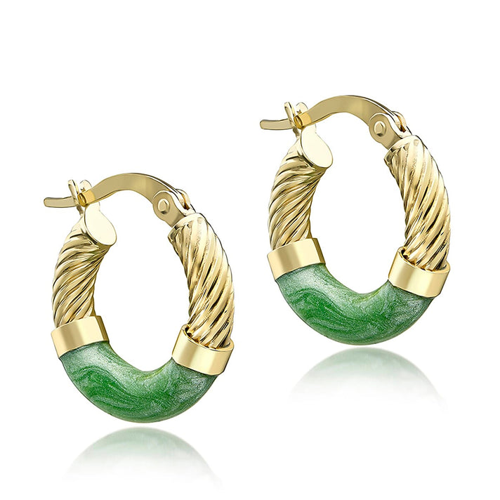 9K Yellow Gold 16.5mm Green Enamel Twist Tube Hoop Creole Earrings 7159876 1