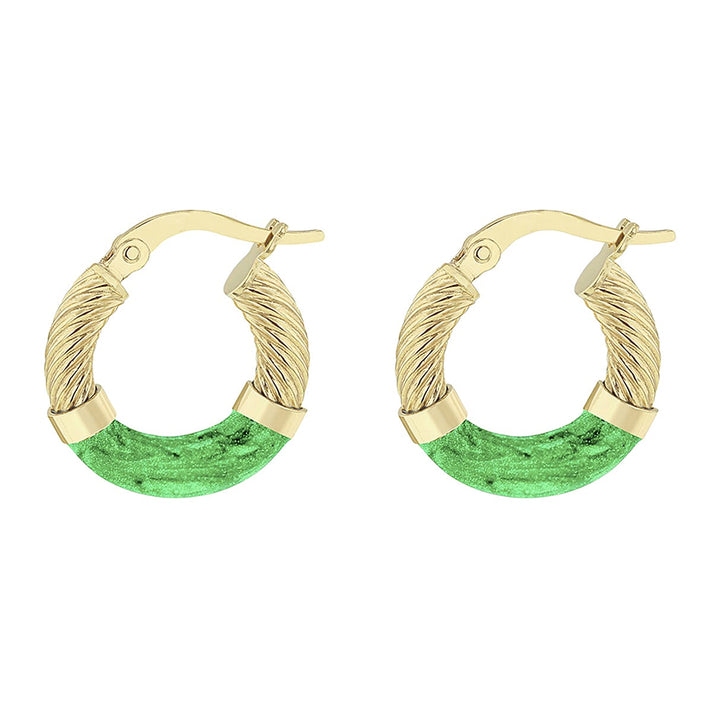 9K Yellow Gold 16.5mm Green Enamel Twist Tube Hoop Creole Earrings 7159876 2