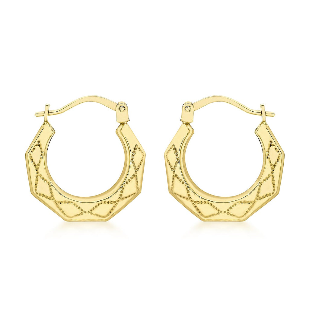 9K Yellow Gold 16mm X 17mm Patterned Round Creole Earrings
