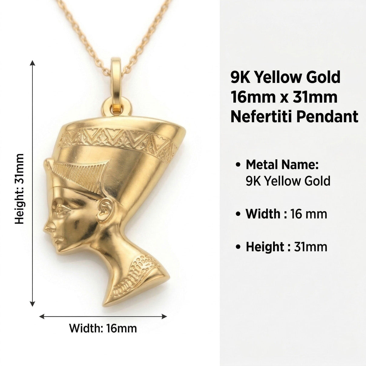9K Yellow Gold 16mm x 31mm Nefertiti Pendant 7343680 6