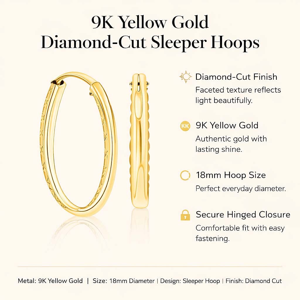9K Yellow Gold 18MM Diamond Cut Sleeper Hoop Earrings 0.35 grams 6092950 5