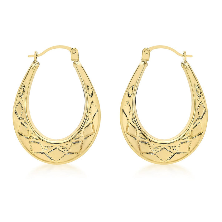9K Yellow Gold 19mm X 26mm Patterned Oval Creole Earrings 7190137 1