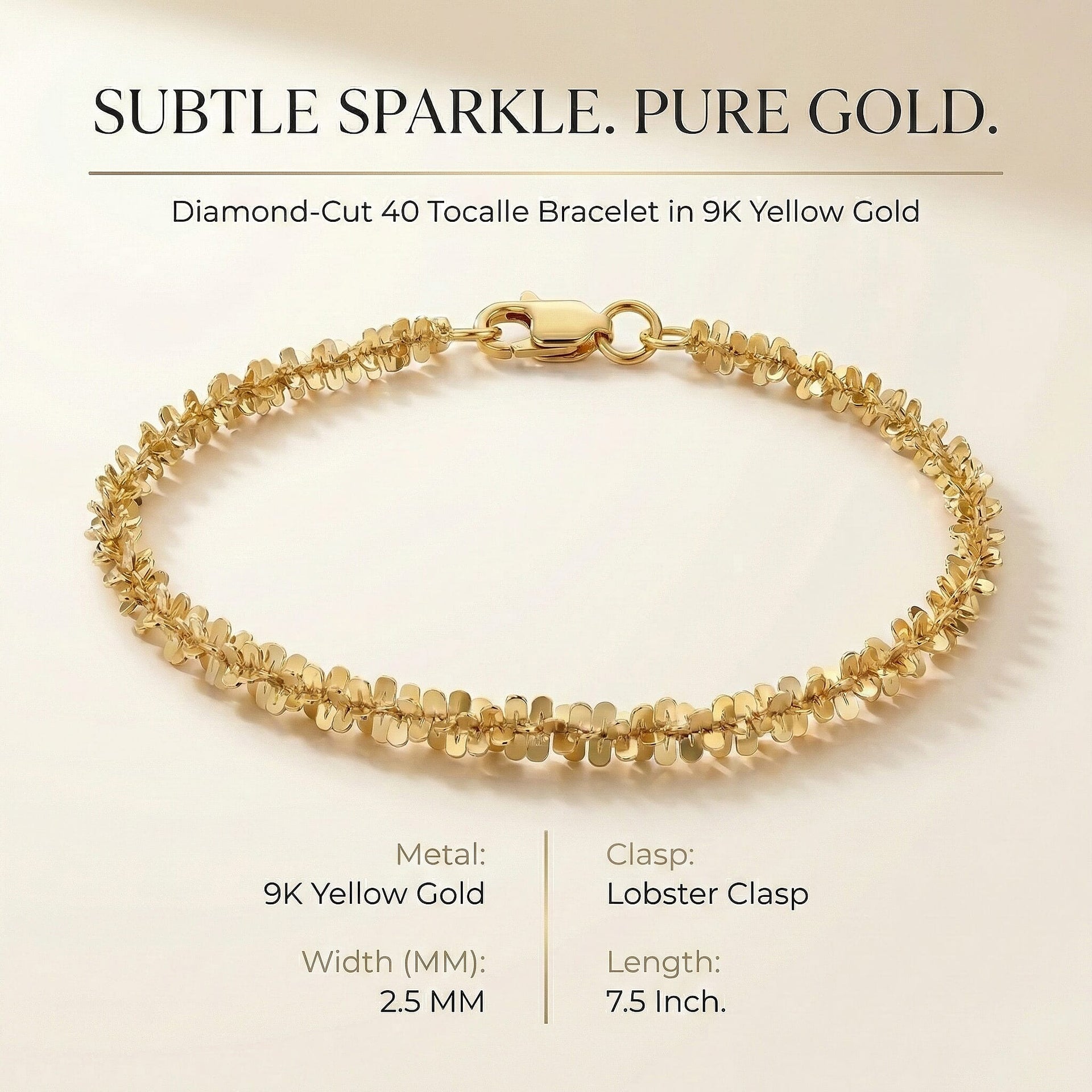9K Yellow Gold 2.5mm 40 Tocalle Bracelet 7.5 Inch 8894706 6