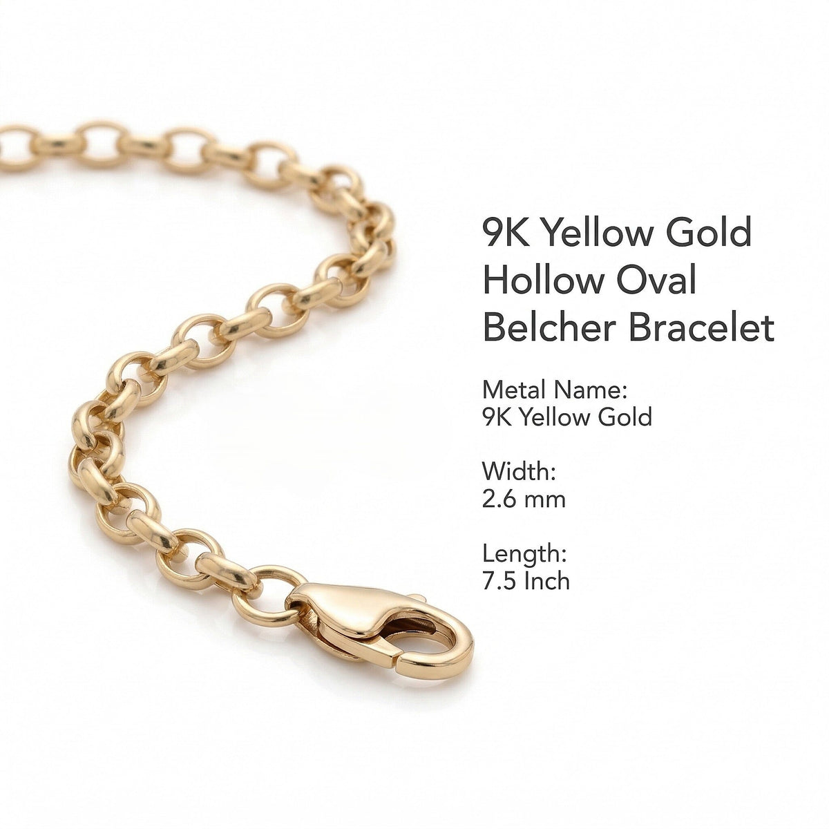 9K Yellow Gold 2.6mm Hollow Oval Belcher Bracelet 7.5 Inch 7078123 6