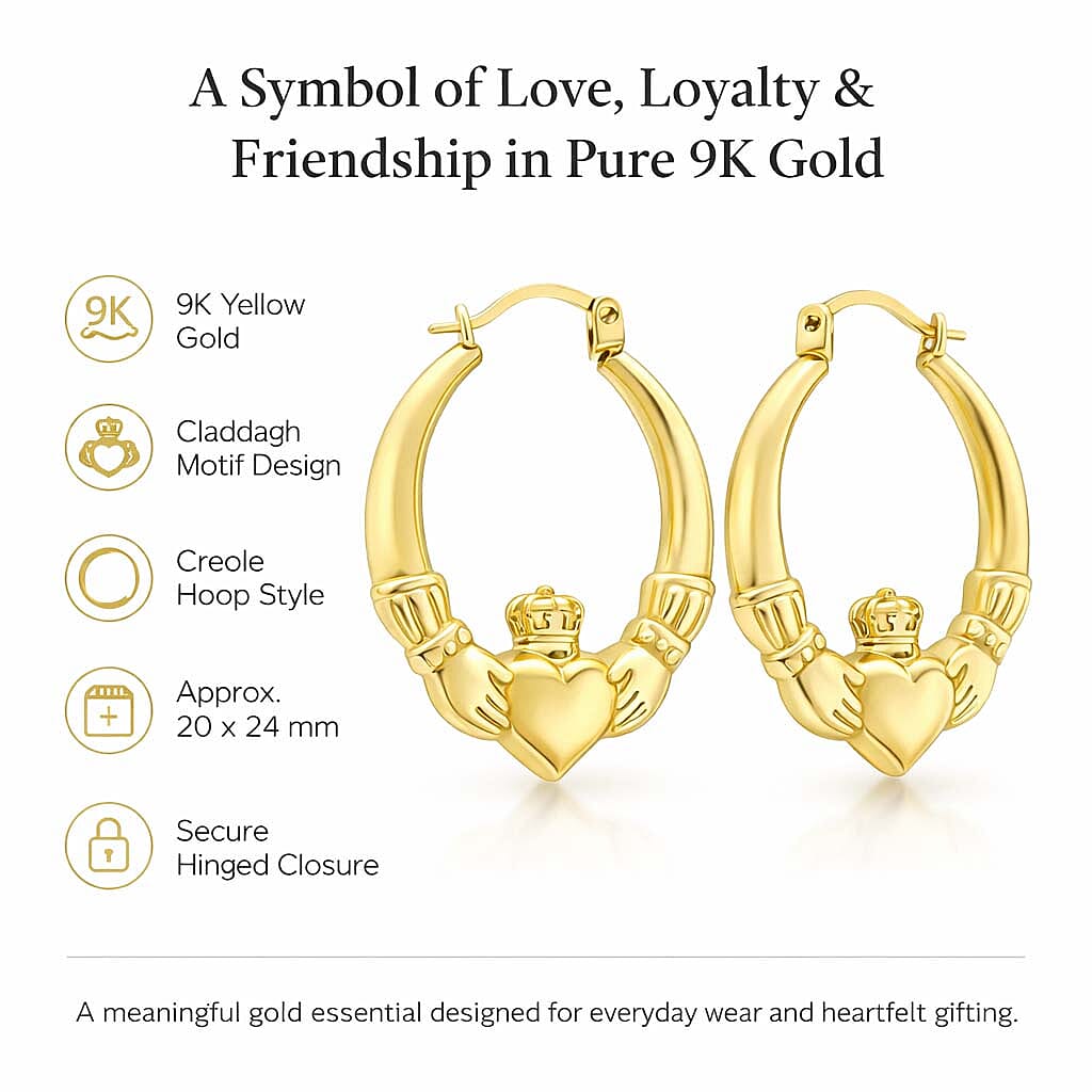 9K Yellow Gold 20 mm x 24mm Claddagh Creole Earrings 7159893 3