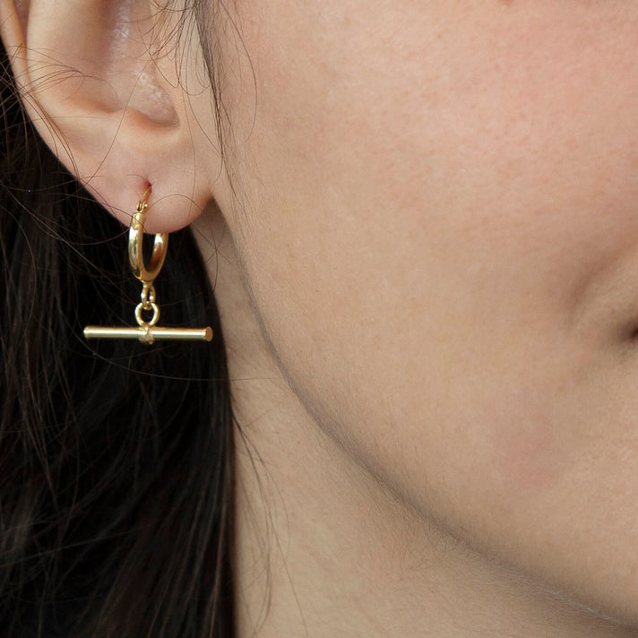 9K Yellow Gold 20MM X 23.5MM Round T Bar Hoop Creole Earrings 1.8 grams 6092908 2