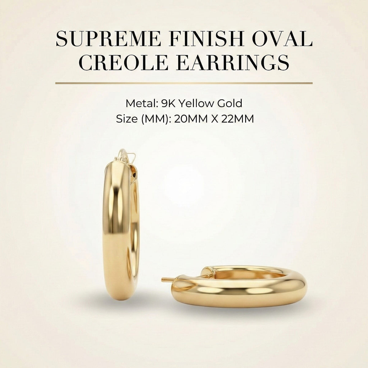 9K Yellow Gold 20MM X 22MM Supreme Finish Oval Creole Earrings 1.7 grams 6092923 7