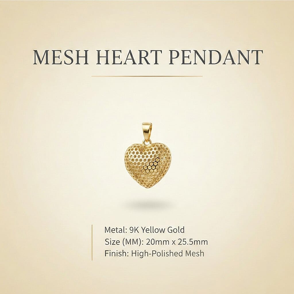 9K Yellow Gold 20mm x 25.5mm Mesh Heart Pendant 8894743 6