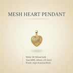 9K Yellow Gold 20mm x 25.5mm Mesh Heart Pendant