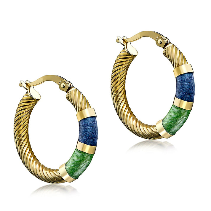 9K Yellow Gold 21.5mm Blue And Green Enamel Twist Tube Hoop Creole Earrings 7159881 1