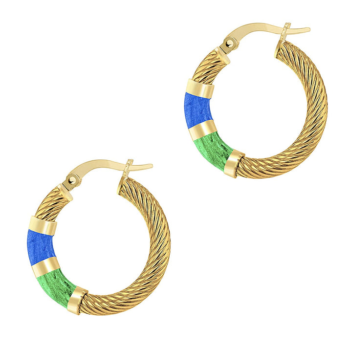 9K Yellow Gold 21.5mm Blue And Green Enamel Twist Tube Hoop Creole Earrings 7159881 2