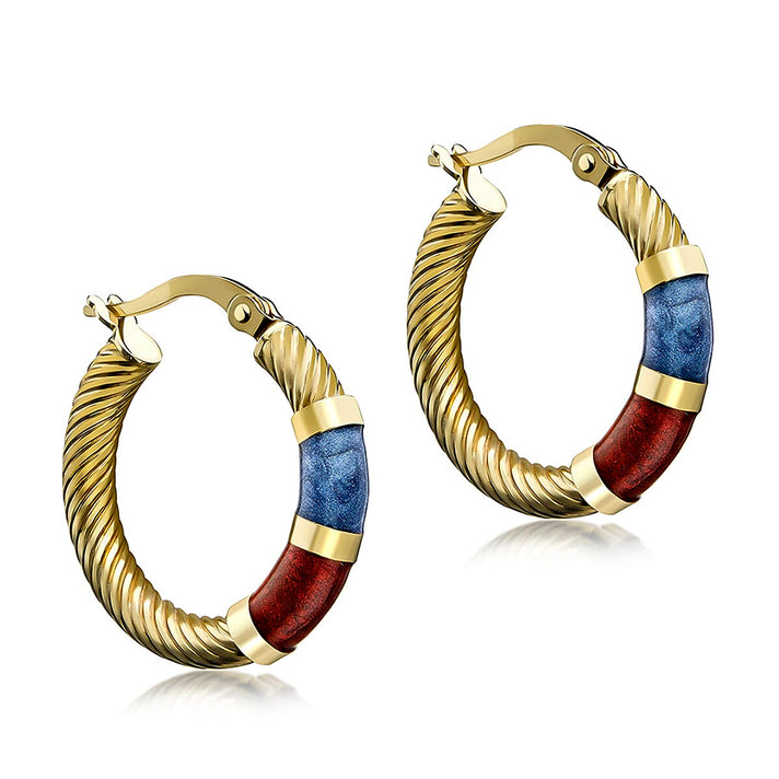 9K Yellow Gold 21.5mm Blue And Red Enamel Twist Tube Hoop Creole Earrings 7159879 1