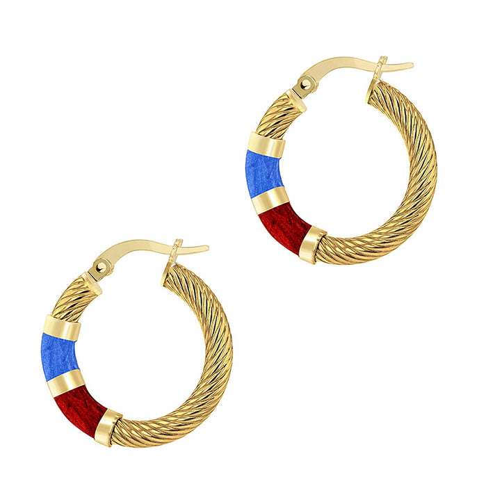 9K Yellow Gold 21.5mm Blue And Red Enamel Twist Tube Hoop Creole Earrings 7159879 2