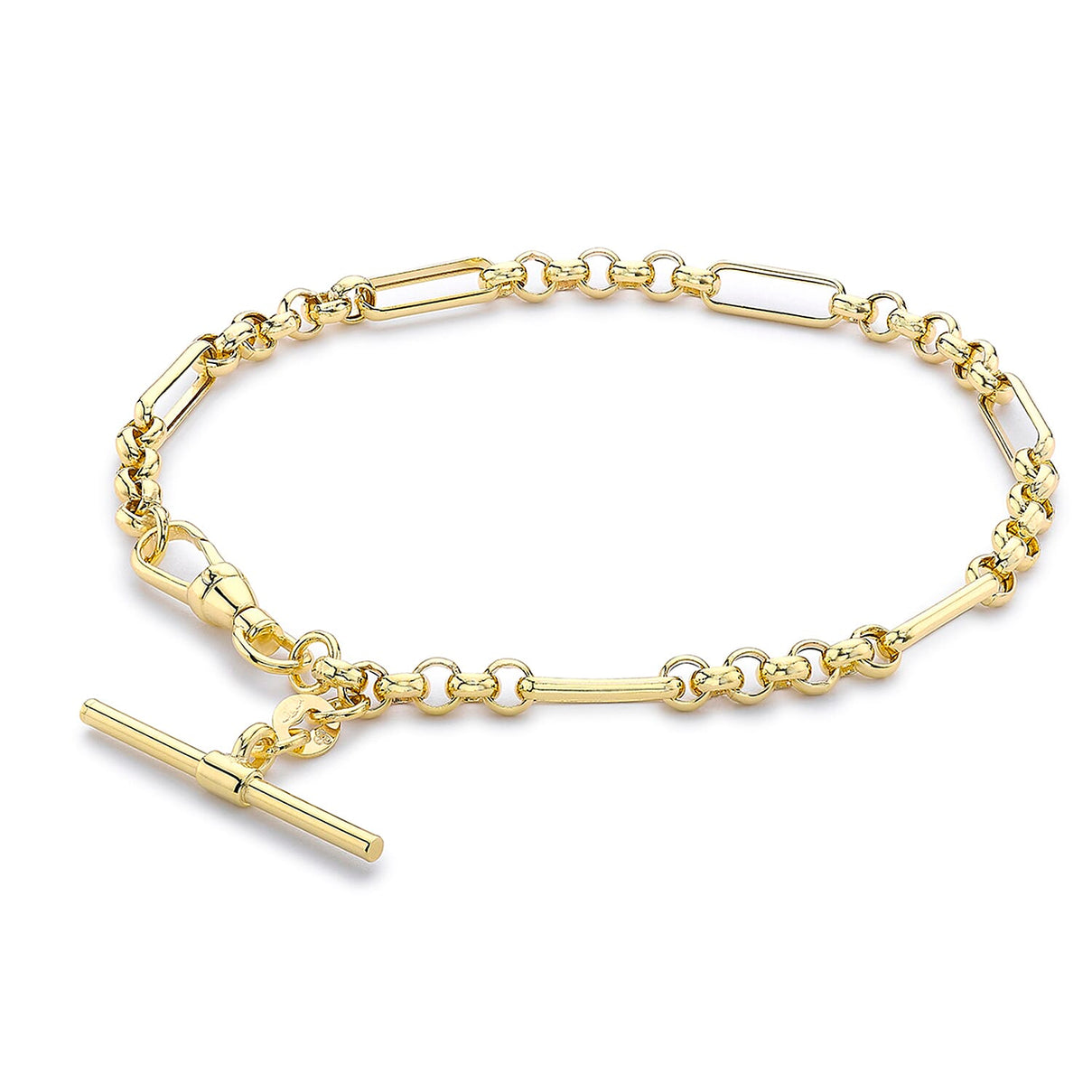9K Yellow Gold 25mm X 1.5mm T Bar Figaro Belcher Chain Albert Clasp Bracelet 7.5 Inch 7193482 0