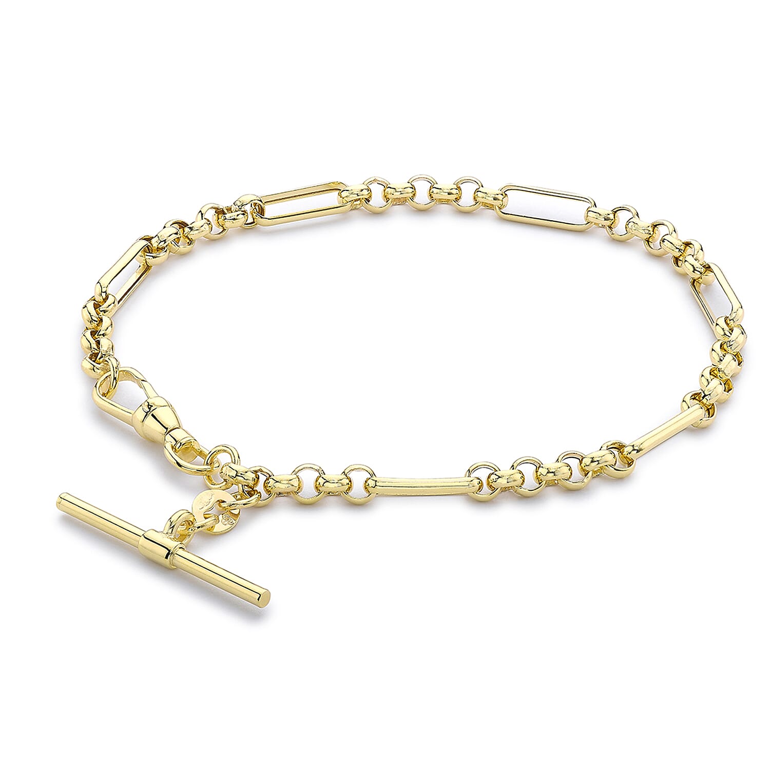 9K Yellow Gold 25mm X 1.5mm T Bar Figaro Belcher Chain Albert Clasp Bracelet 7.5 Inch 7193482 0
