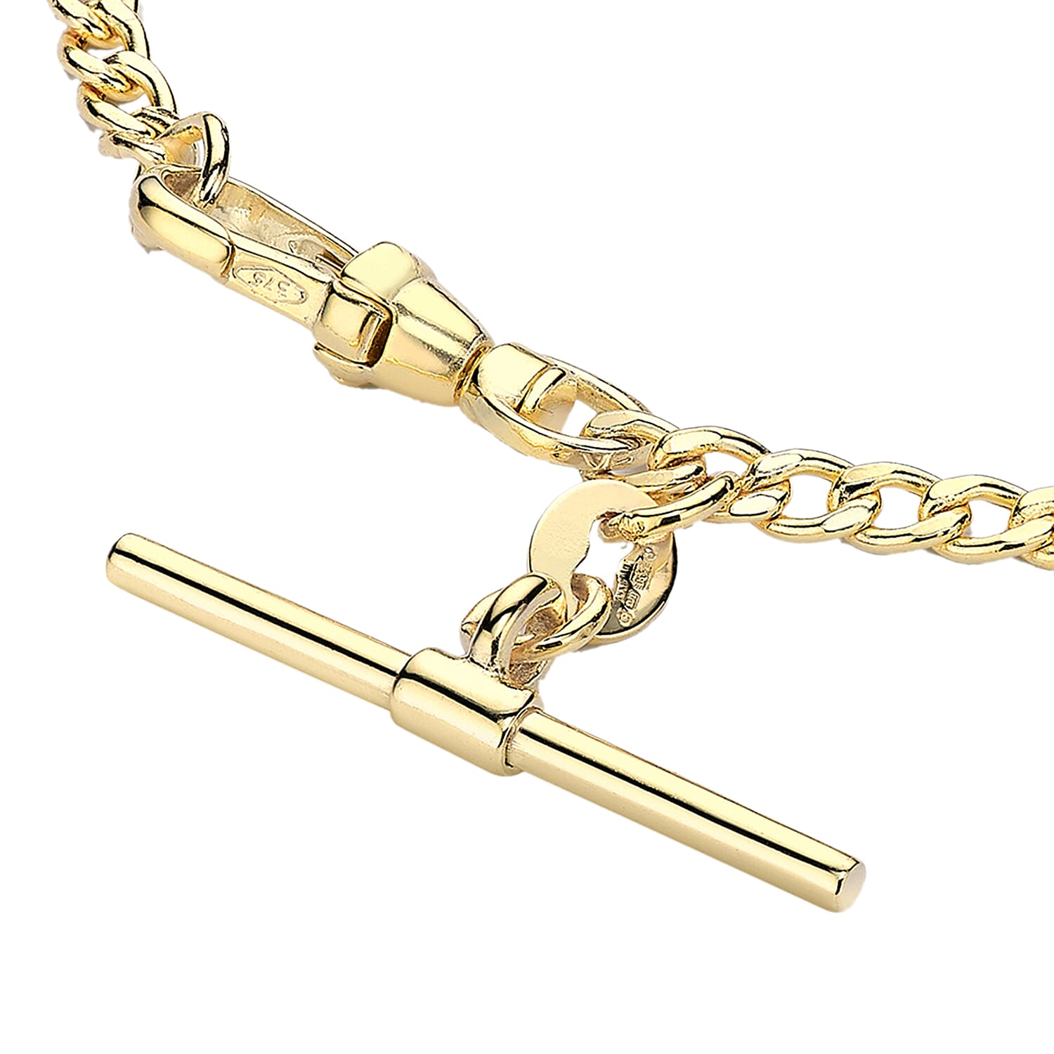 9K Yellow Gold 25mm X 2mm T Bar Hollow Diamond Cut Curb Albert-Clasp Bracelet 7.5 Inch 7078133 1