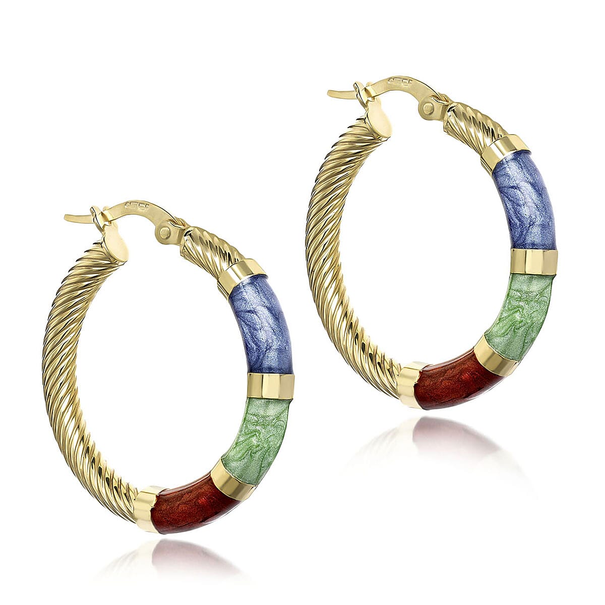 9K Yellow Gold 26.5mm Blue Green And Red Enamel Twist Tube Hoop Creole Earrings 7159886 0
