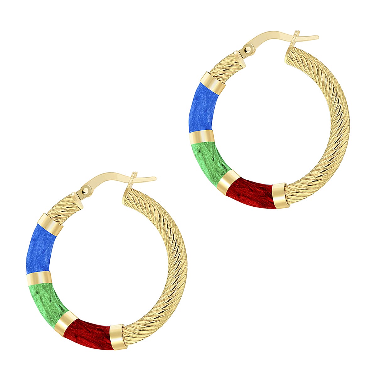 9K Yellow Gold 26.5mm Blue Green And Red Enamel Twist Tube Hoop Creole Earrings 7159886 1