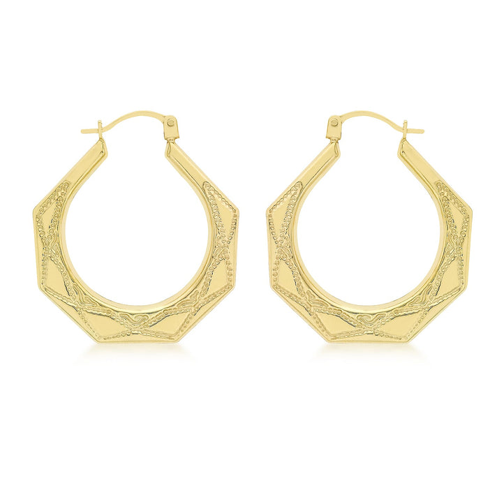 9K Yellow Gold 28mm x 29.5mm Patterned Creole Earrings 8894713 1