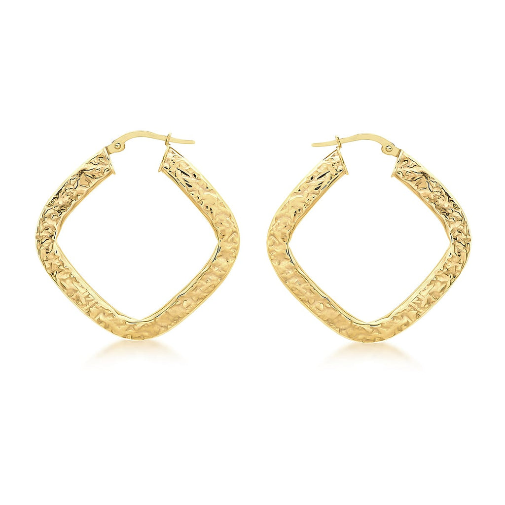 9K Yellow Gold 29mm X 29mm Hammered Pattern Square Creole Earrings