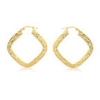 9K Yellow Gold 29mm X 29mm Hammered Pattern Square Creole Earrings