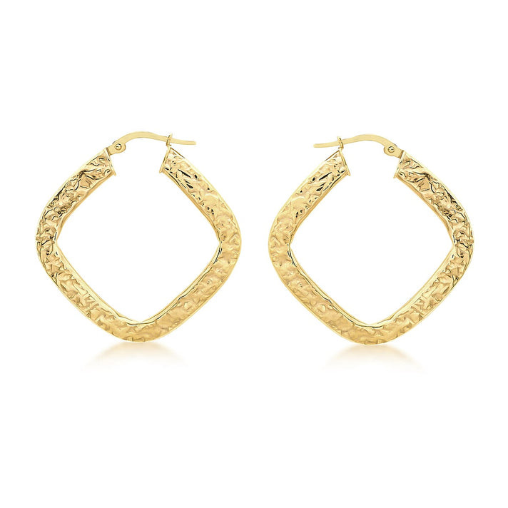 9K Yellow Gold 29mm X 29mm Hammered Pattern Square Creole Earrings 7190126 1
