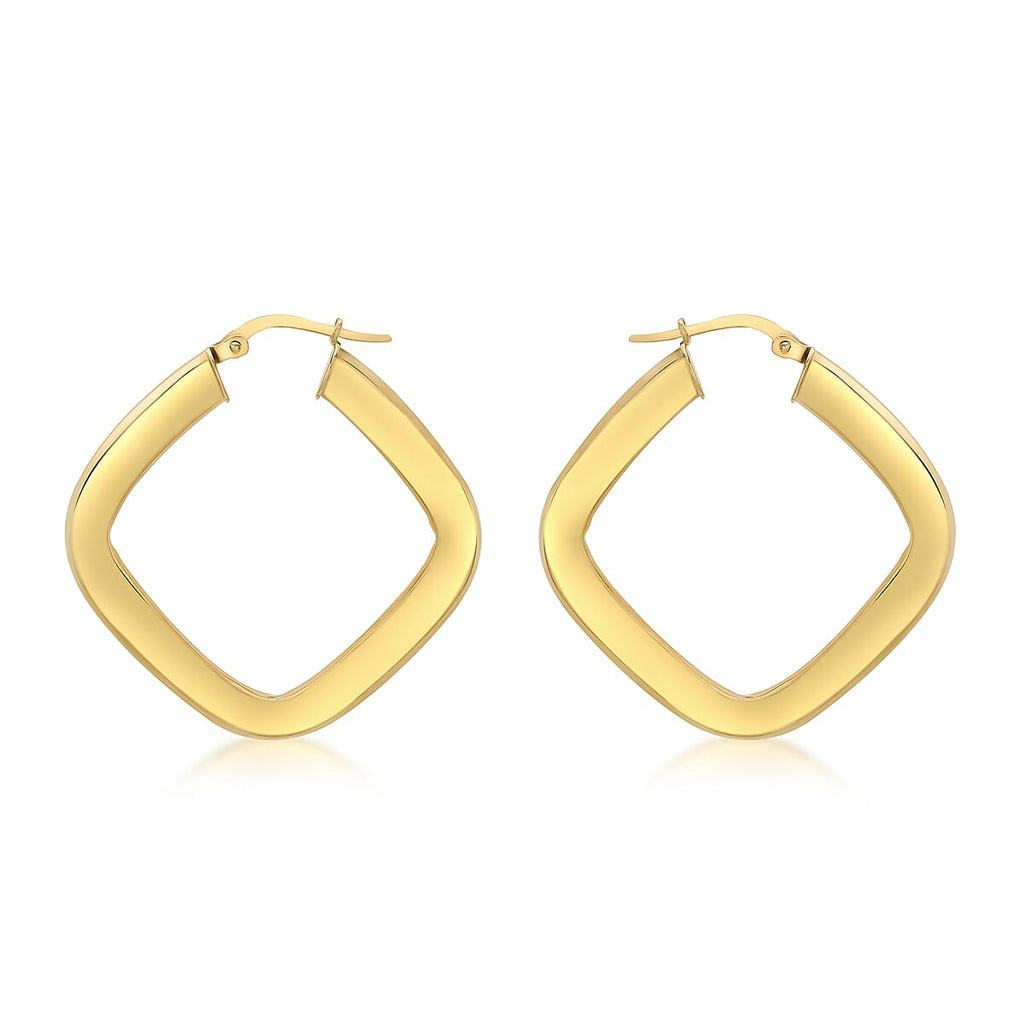9K Yellow Gold 29mm X 29mm Hammered Pattern Square Creole Earrings