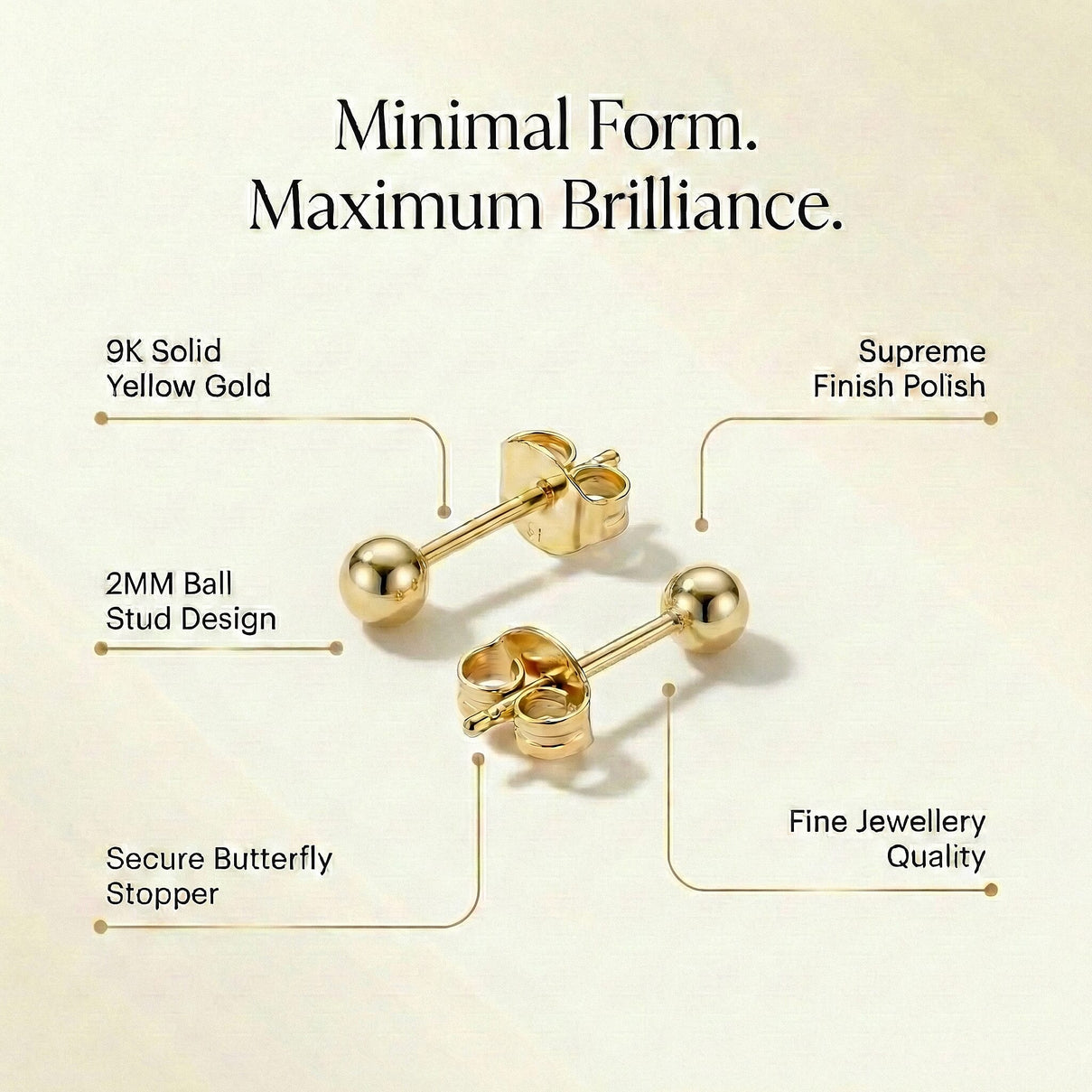 9K Yellow Gold 2MM Supreme Finish Ball Stud Earrings 0.2 grams 6092962 6